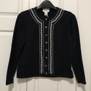 Talbots Vintage Crewneck Cotton Cardigan w/Gingham Ribbon Accent Black White  SP